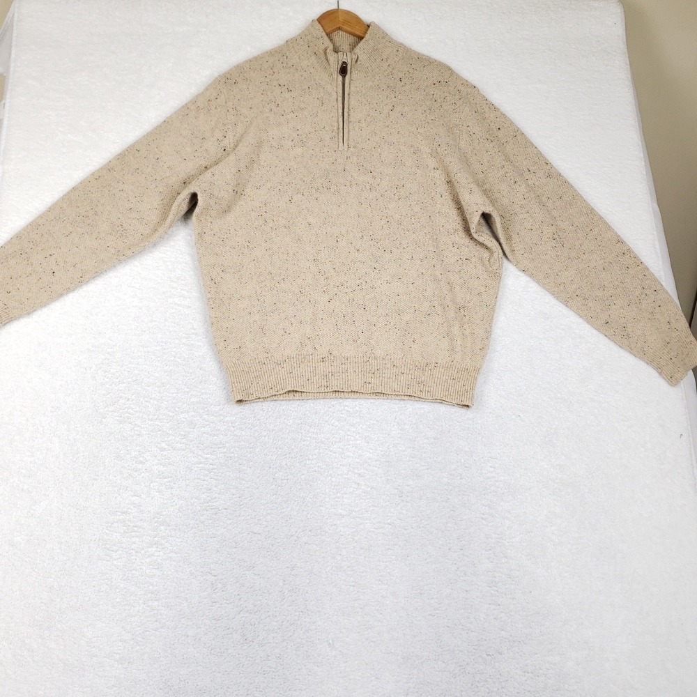 Jos. A. Bank M Lambswool Donegal Fleck Quarter Zip Sweater Beige Mock Fisherman - Picture 2 of 11
